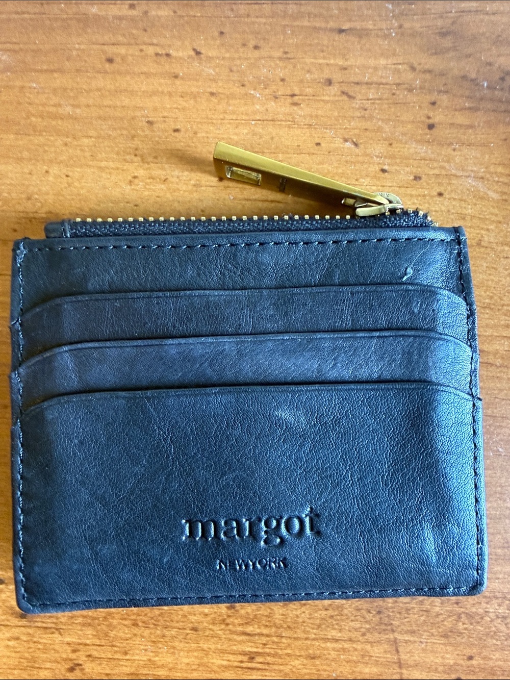 margot Black Leather Card Holder with Gold Zipper Pull